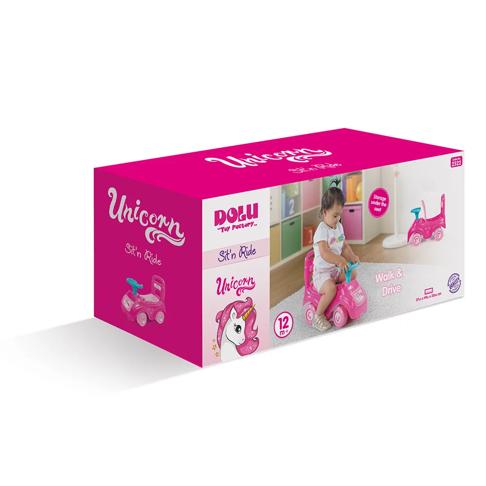 Dolu Unicorn Sit 'n' Ride pink ride-on box showing code 2522, 12m+ age rating and 37 x 49 x 20 cm pack dimensions