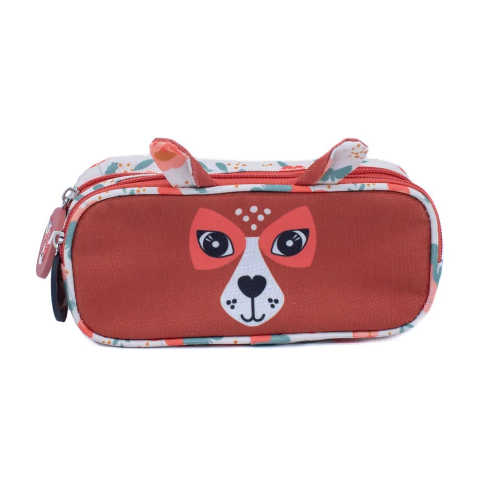 Les Déglingos Melimelos the Deer 2-zip pencil case in terracotta red with floral print, deer face motif and carry handle, 22 x 8 x 10 cm