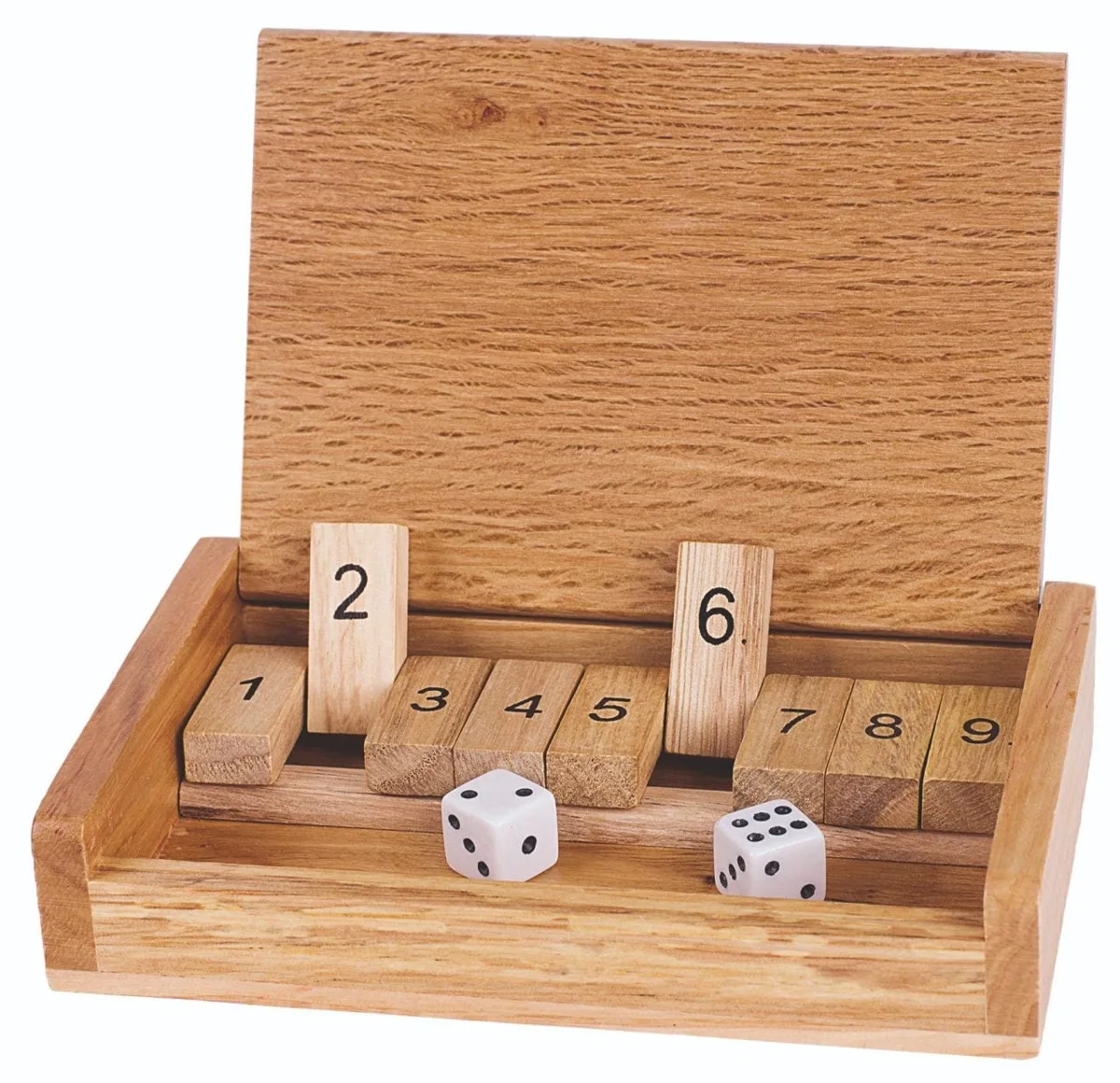 Goki Shut the Box wooden dice game (HS185) open box showing nine numbered tiles and two white dice on a white background