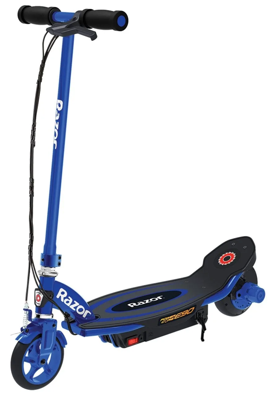 Razor Power Core E90 electric scooter in blue with steel frame, hub motor deck and push-button throttle, suitable for ages 8 and up