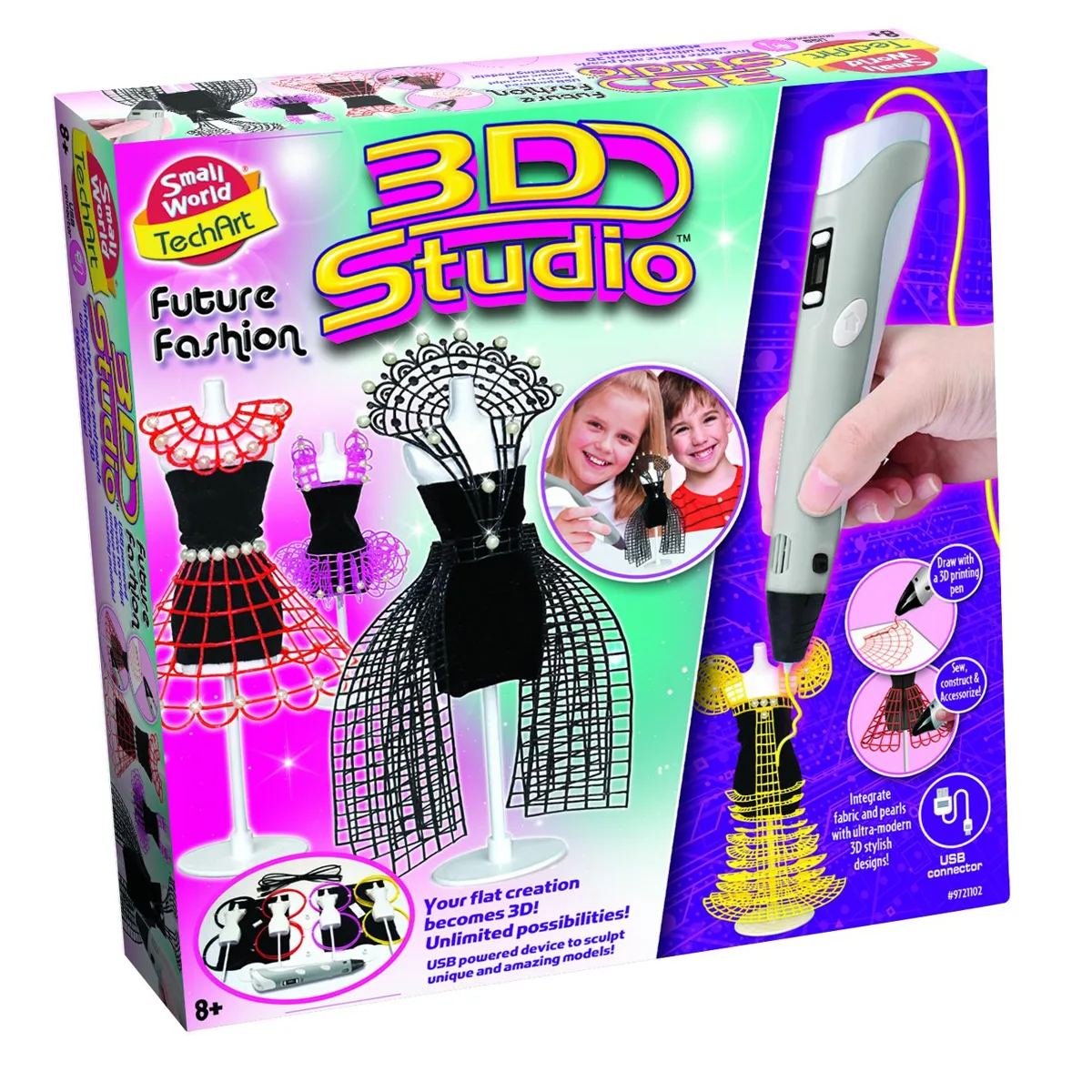 The box for the Small World Tech Art 3D Future Fashions kit, showing the 3D pen and mannequins wearing 3D printed dresses.