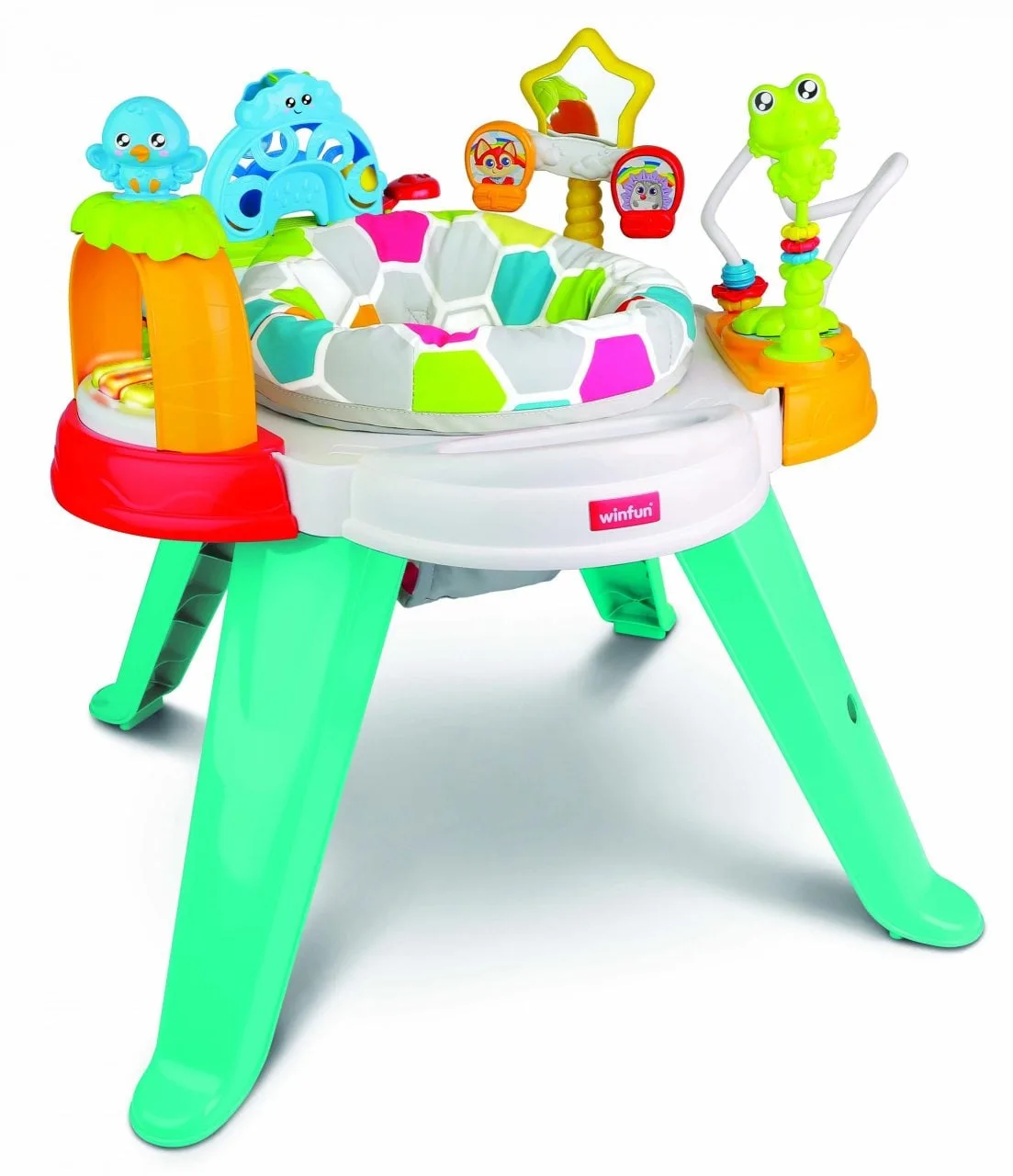WinFun Baby Move 3-in-1 Activity Centre with rotating padded seat, light-up piano keys, ball popper, spinning ferris wheel, and frog rattle on green legs
