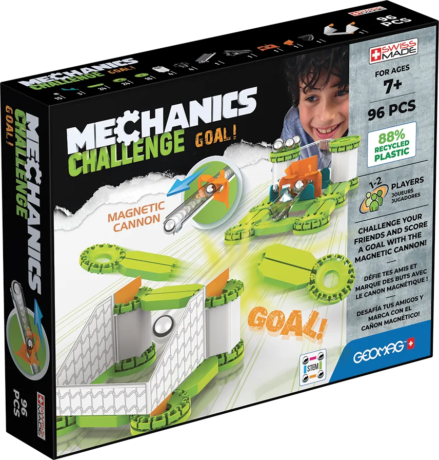 Geomag Mechanics Challenge Goal 96 piece set box showing magnetic cannon launcher and goal frame for ages 7 and up