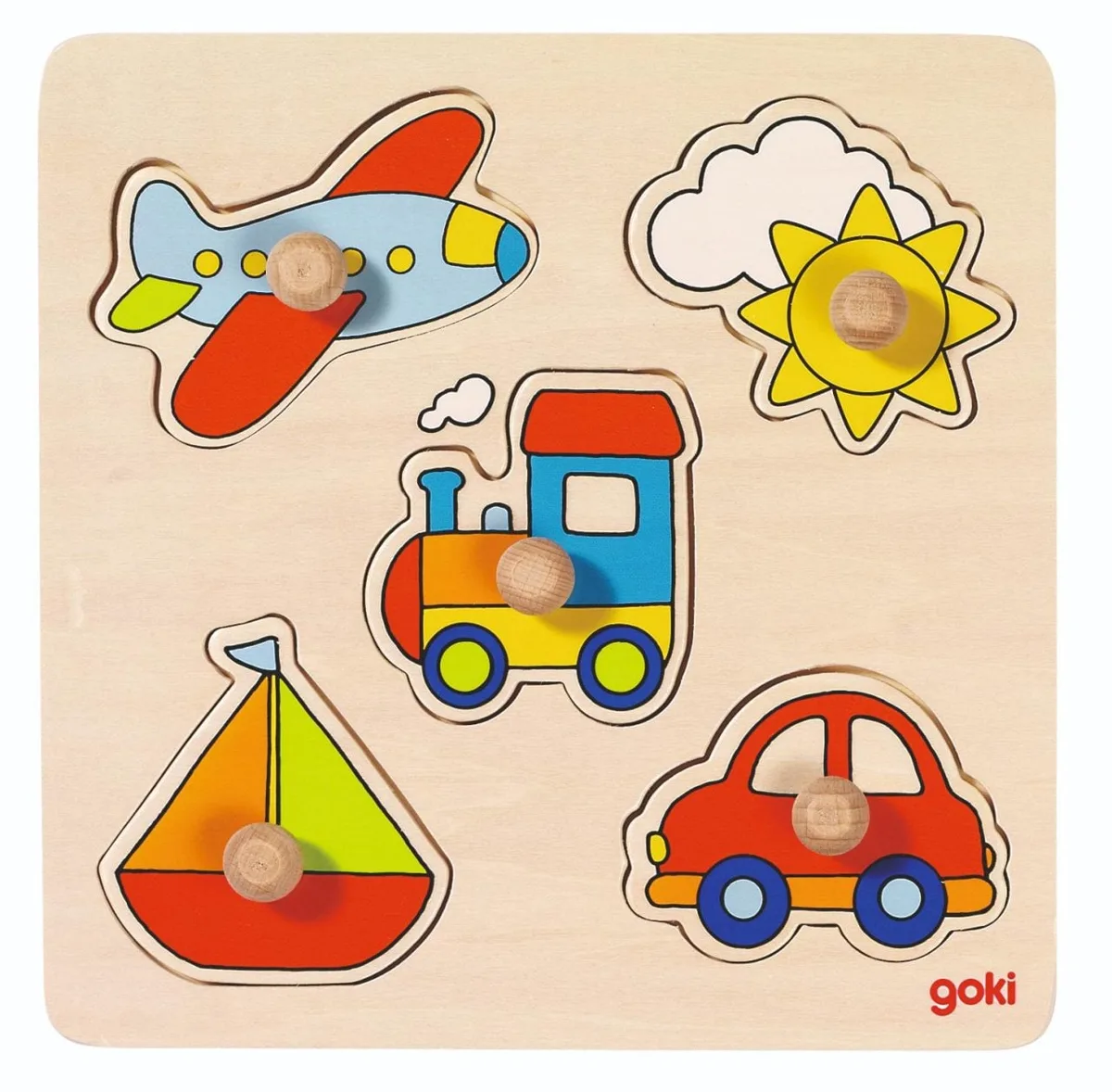 The Goki Lift-out Puzzle - My Journey, a wooden peg puzzle with five vehicle and transport-themed pieces including a car, train, and plane.