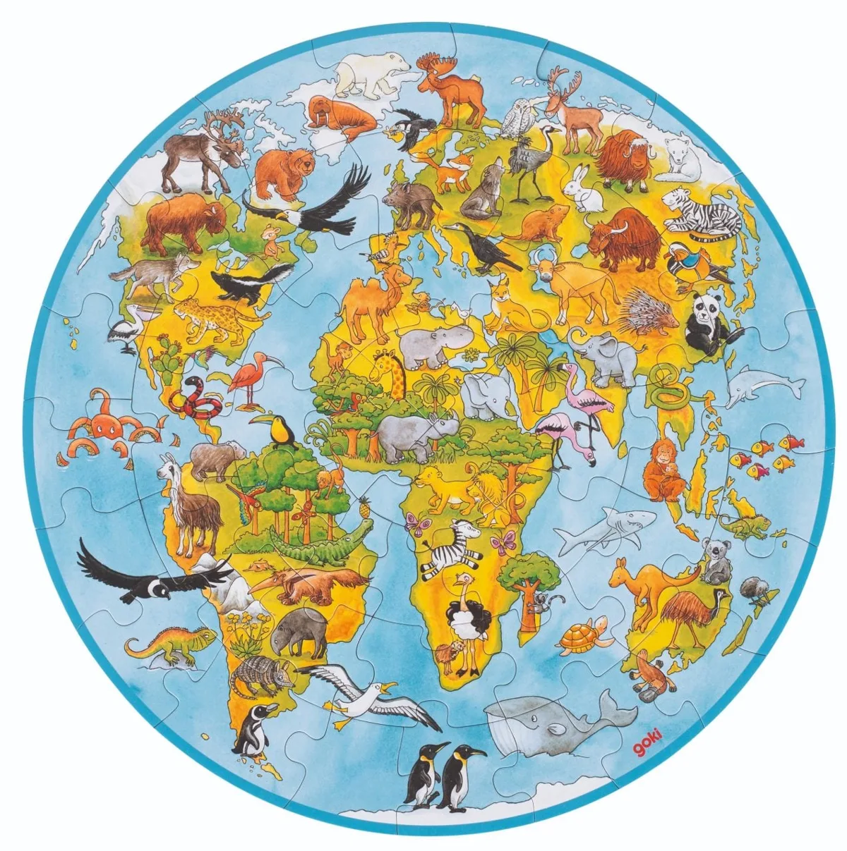 The completed Goki XXL Puzzle World, a large circular floor puzzle showing a map of the world with animals on each continent.