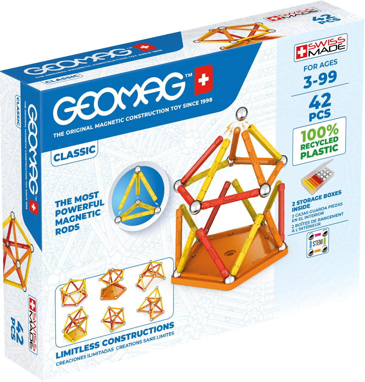 Geomag Classic 42 Piece Magnetic Construction Set box showing yellow, orange and red rods with steel spheres and a completed 3D pyramid structure