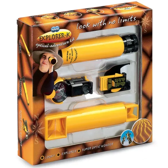 Navir Explorer-K yellow kids explorer kit box showing 15x telescope, Looky extendable periscope and Super Optic Wonder multi-tool, ages 6 plus