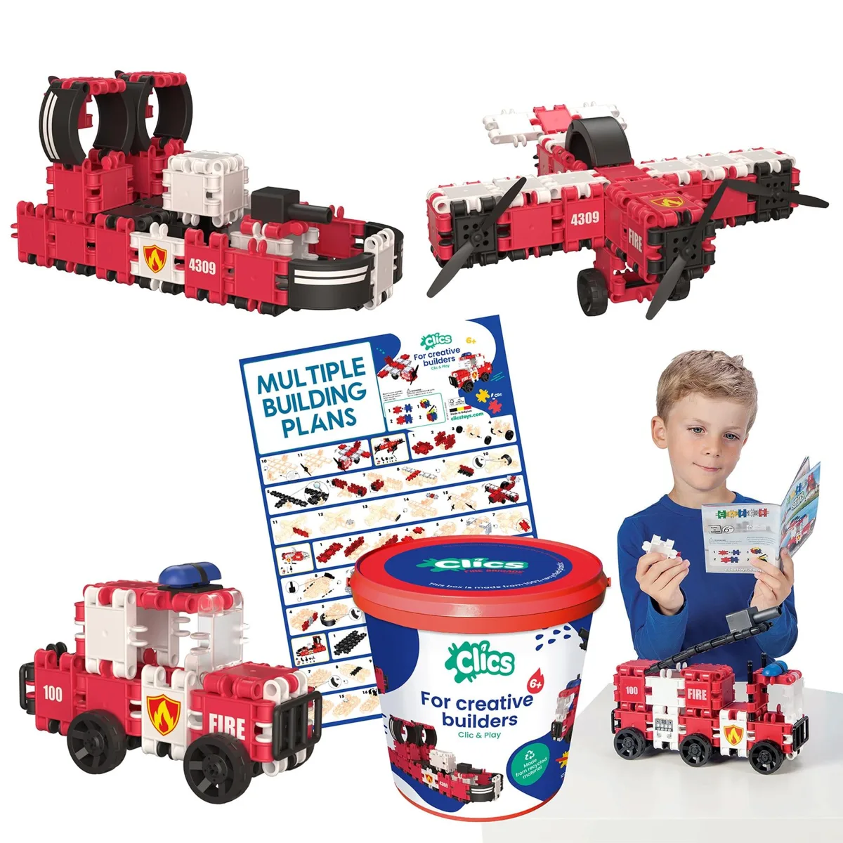 CLICS Bucket Fire Brigade Building Set showing fire engine, rescue plane and fire truck builds alongside 127-piece storage bucket, ages 6 plus