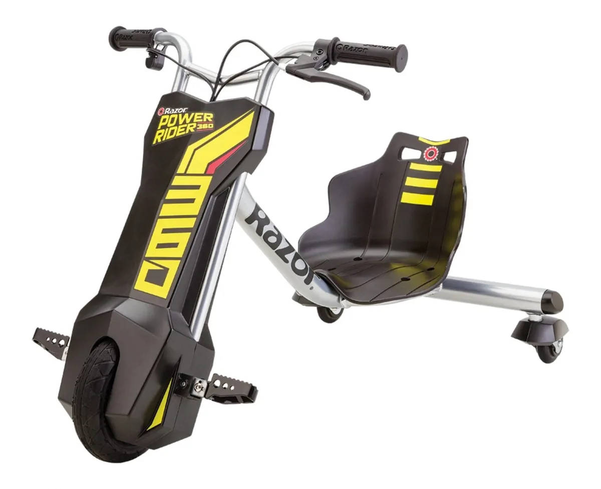 Razor PowerRider 360 electric drifting trike in black and yellow with dual rear caster wheels and bucket seat, on white background