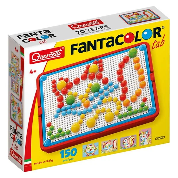 The box for the Quercetti Fantacolor Tab, a peg art set for children, showing a colourful mosaic picture created on the board.