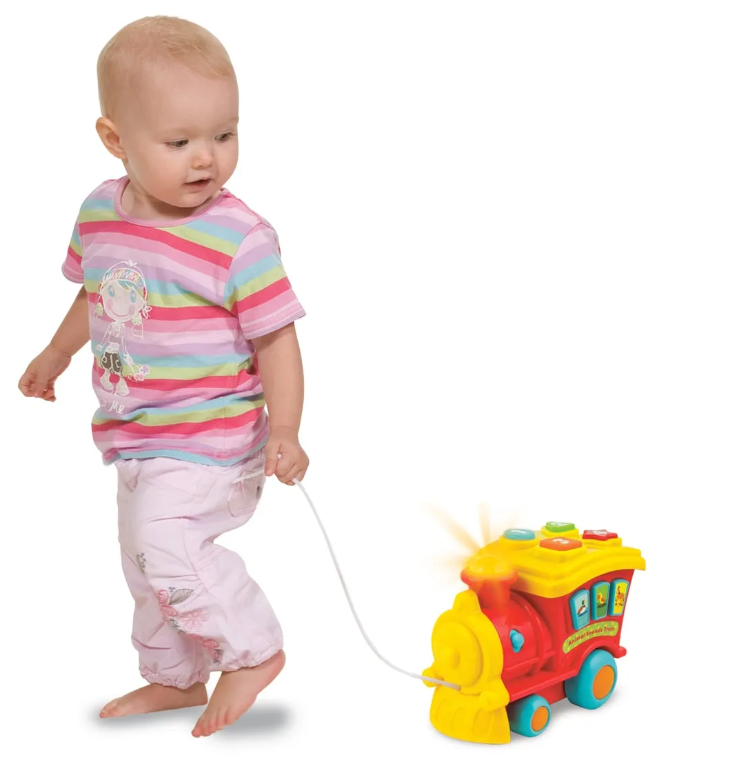 WinFun Animal Sounds Train 000677 - red and yellow pull-along toddler toy with flashing chimney light and animal sound buttons, shown with baby aged around 12 months