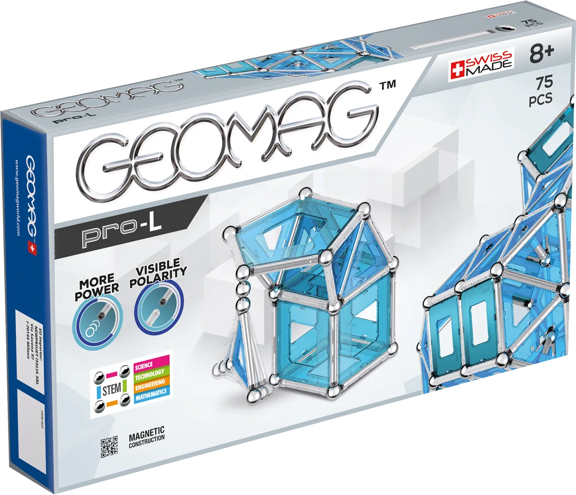 Geomag Pro-L Panels 75 Pieces Set box showing translucent blue panel pieces, magnetic rods and steel spheres, Swiss Made, ages 8 plus