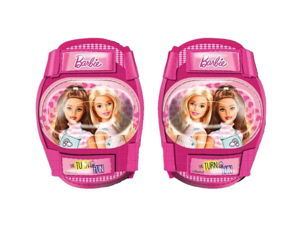 Pair of pink Barbie knee pads with hard shell, foam padding and adjustable velcro straps, featuring Barbie and Friends graphics, for kids aged 3+