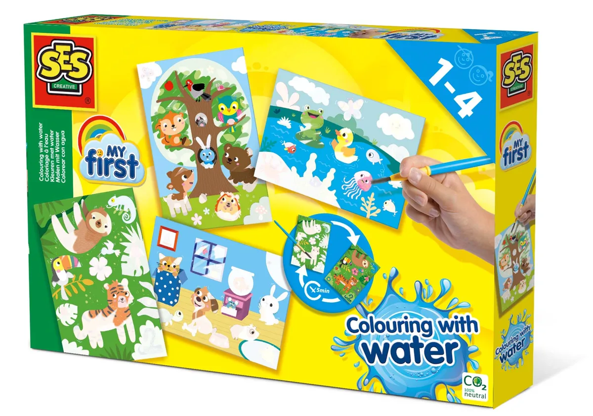 The SES Creative My First Colouring with Water - Hidden Animals set, showing the magic reveal cards and a child using the safe paintbrush.