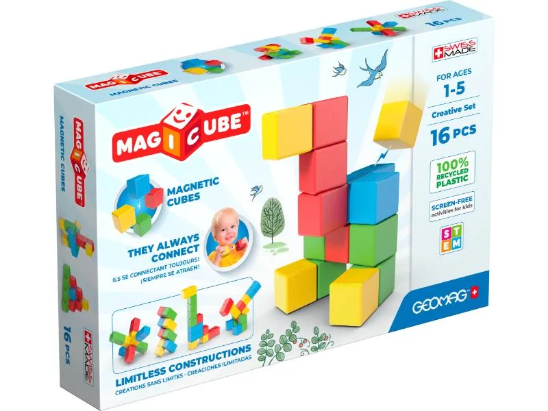 Geomag Magicube Recycled Creative Set box showing 16 colourful magnetic building cubes in red yellow blue and green, ages 1 to 5 years