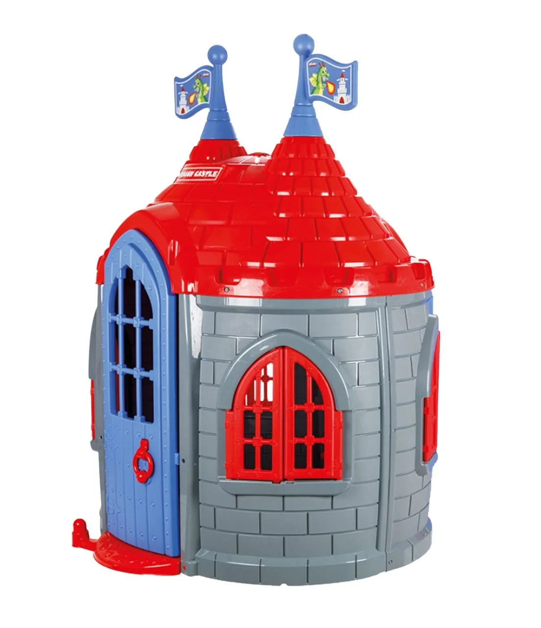 Rear three-quarter view of the Pilsan Dragon Castle Playhouse showing the back door and side windows in grey, red and blue