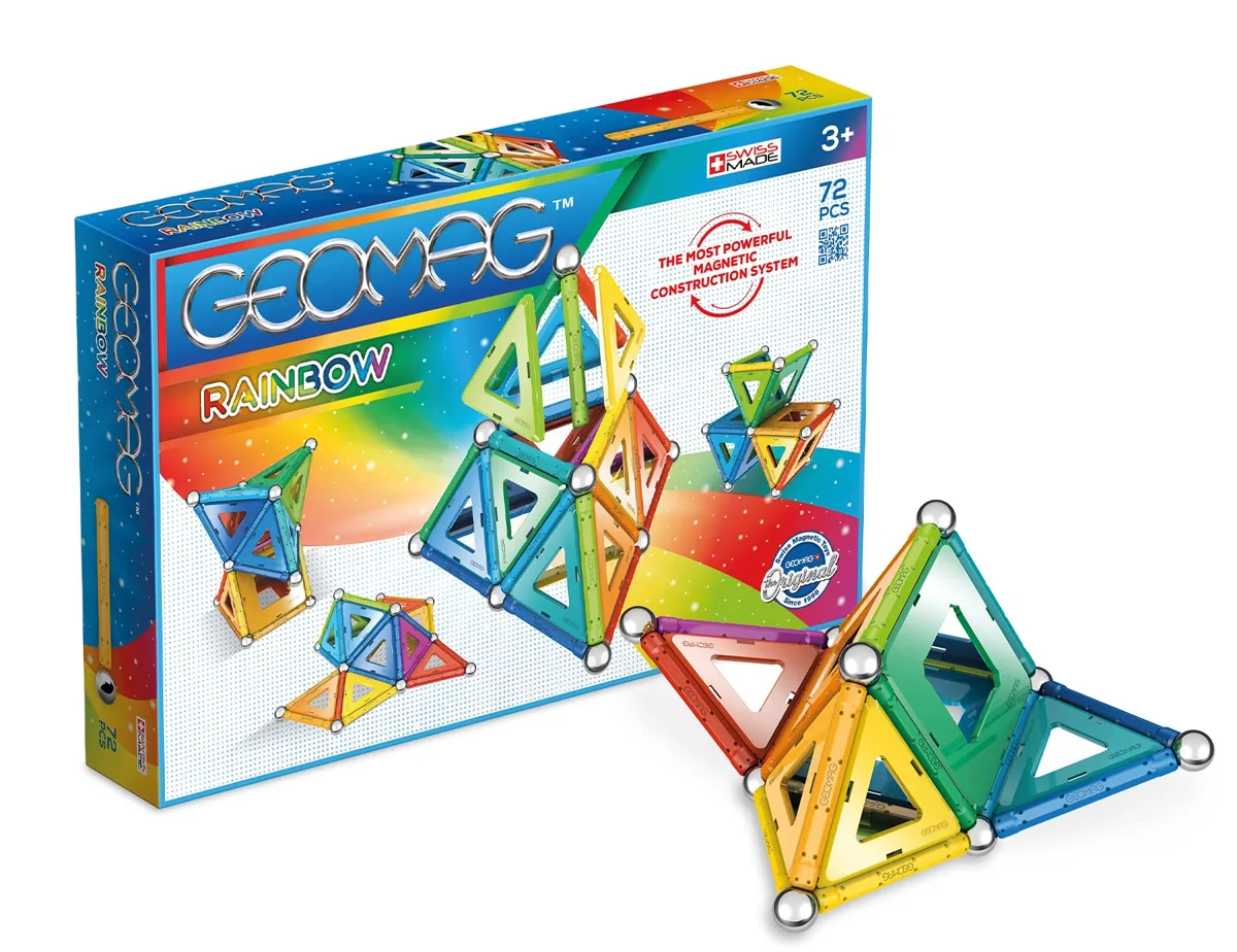 Geomag Rainbow Panels 72 piece magnetic construction set box alongside colourful built triangular structures on a white background