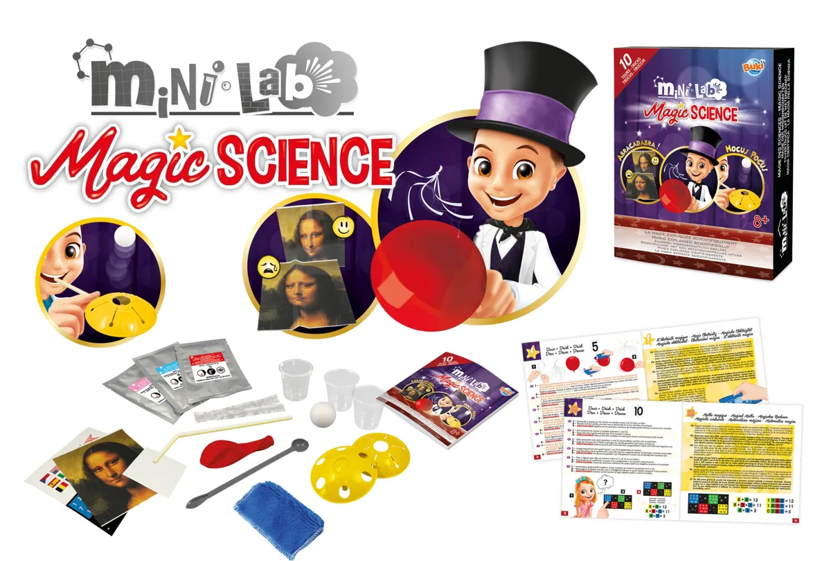 Buki Magic Science kit box and contents including magic sand, beakers, balloon, straw and instruction booklet for 10 science magic tricks, ages 8+