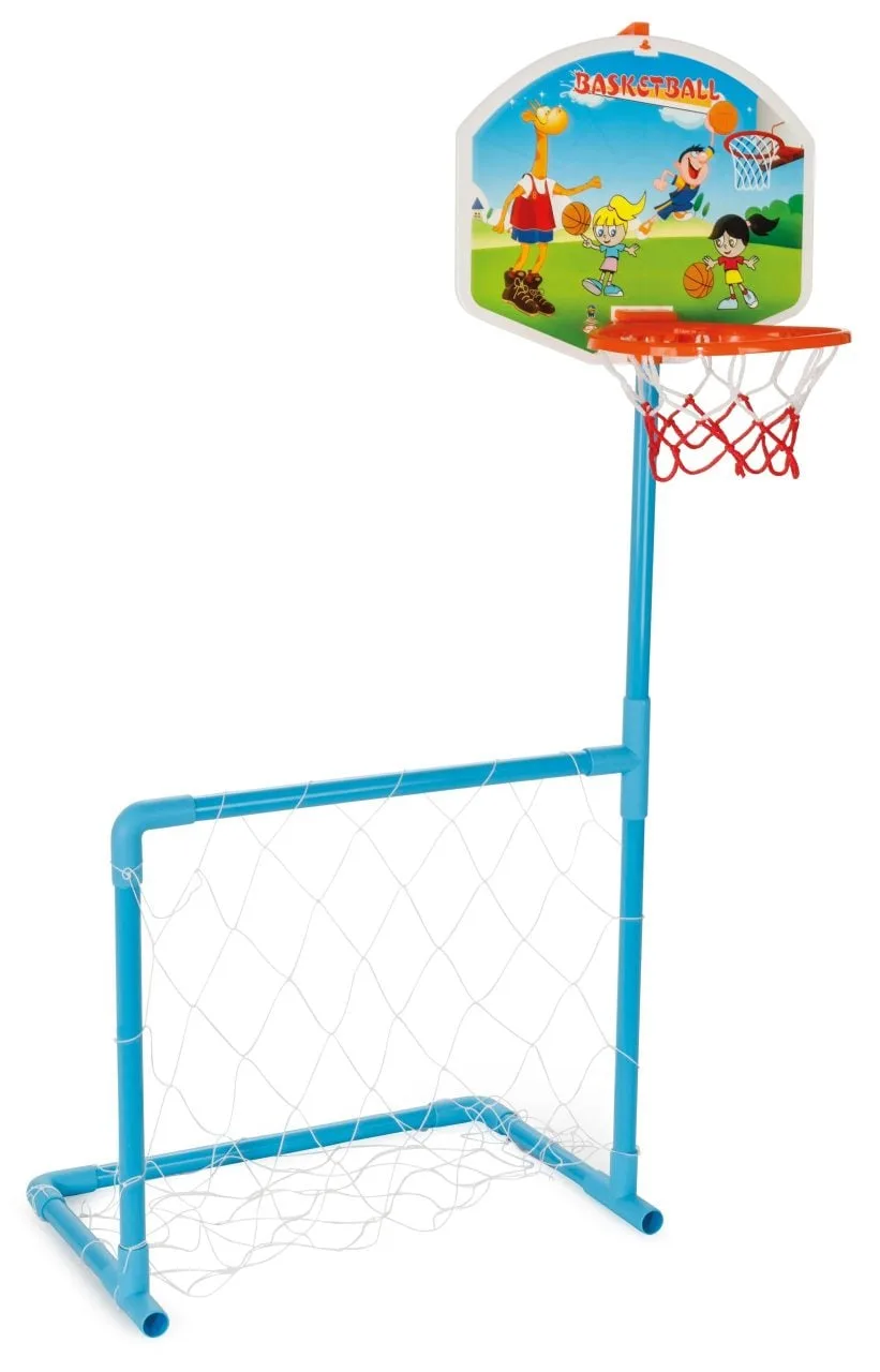 Pilsan Magic Basketball and Football Set with blue plastic frame, orange hoop, illustrated backboard and integrated football goal with white net