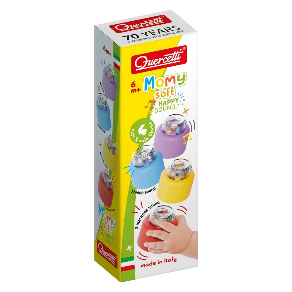 Quercetti Momy Soft Happy Sound 4-piece set packaging showing all four coloured rattle blocks and sound types labelled