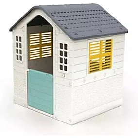 Dolu white plastic kids outdoor playhouse with grey roof, teal half-door, yellow shutters and post box, 95x109 cm, ages 2 plus