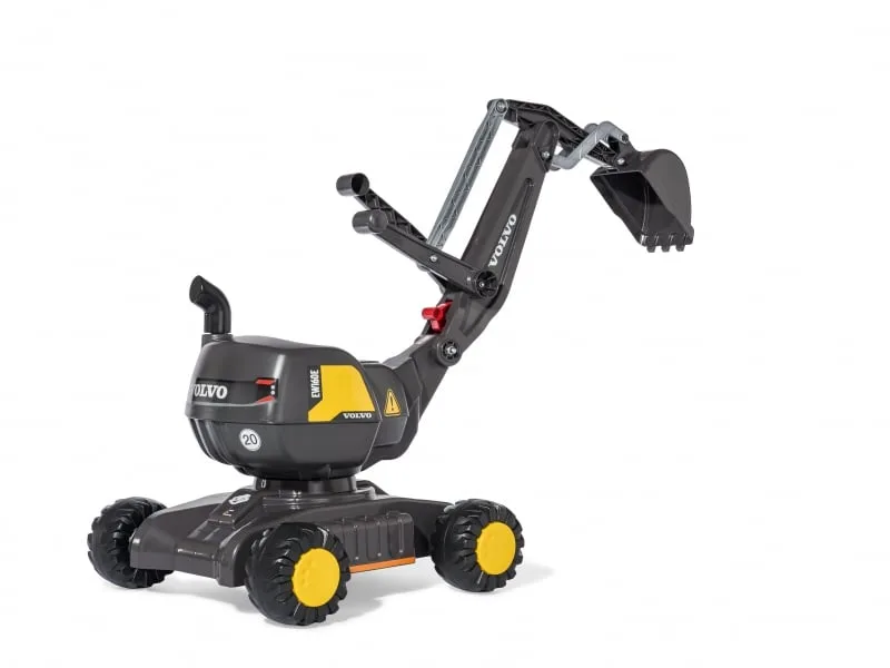 Rolly Toys Volvo licensed mobile sit-on excavator ride-on in grey and yellow with 360-degree rotating body and working digger arm, ages 3 to 5
