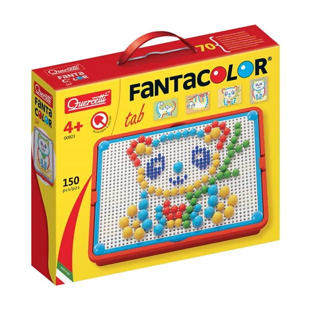 Quercetti Fantacolor Tab peg art set box showing 150 coloured pegs arranged in an animal mosaic design on the perforated board, ages 4+