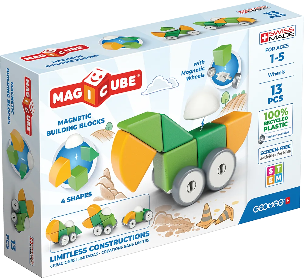 Geomag Magicube Wheels Set 13-piece box showing magnetic building blocks in green and orange with rolling wheel components for toddlers aged 1 to 5