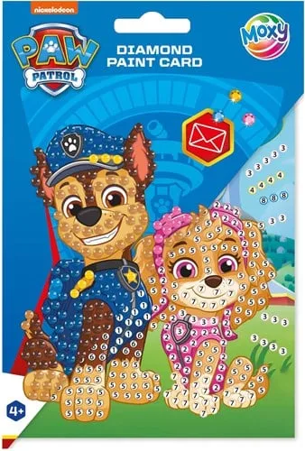 Paw Patrol Diamond Painting Card kit box featuring Chase and Skye with adhesive gems, applicator tool, wax pad and envelope for ages 4 plus