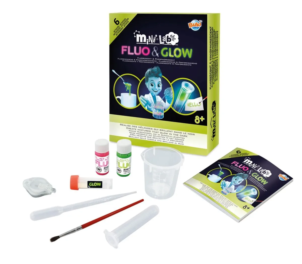 Buki Mini Lab Fluo and Glow science kit box with contents including UV lamp, dye vials, beaker, pipette, brush, syringe and activity booklet