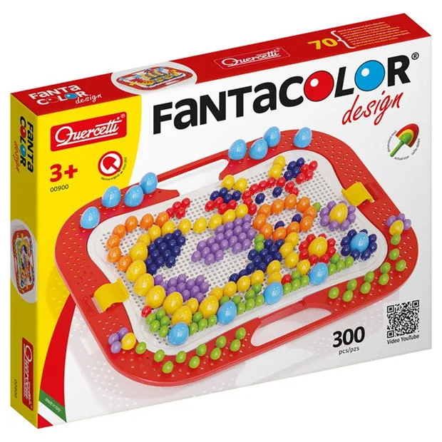Quercetti Fantacolor Design peg art mosaic set box showing 300 coloured pegs in red, yellow, blue and green on perforated board