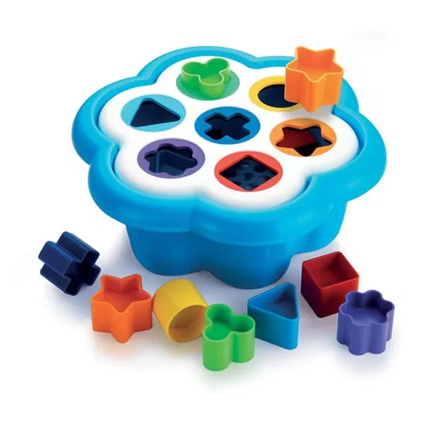 Quercetti Daisy Shape Sorter blue daisy lid with seven shaped holes and 14 colourful blocks including stars, squares, triangles and cylinders