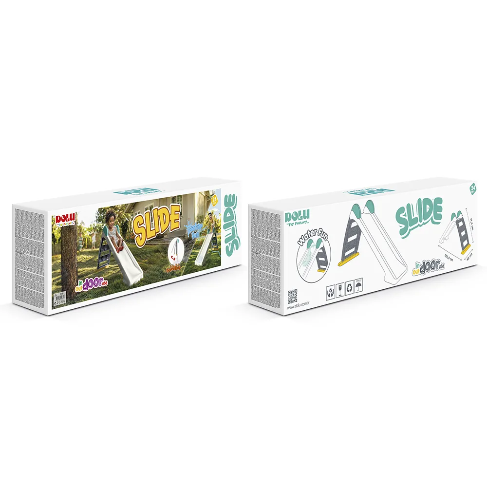 Dolu toddler slide packaging showing both sides of the box with water fun feature and 122.5 cm dimension callout