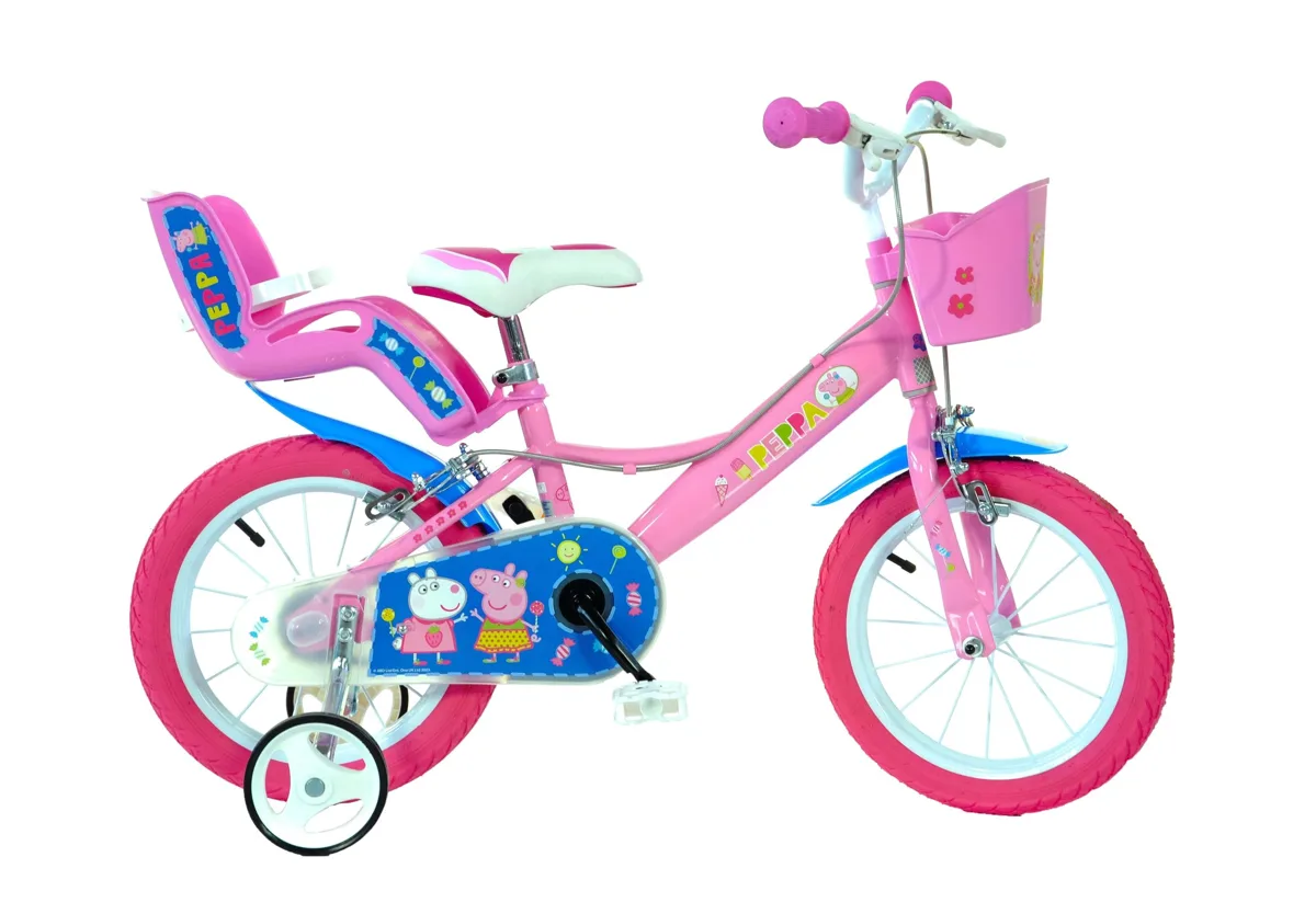 Dino Bikes Peppa Pig 14 inch pink bicycle with stabilisers, front basket and rear doll carrier seat, for ages 4-6