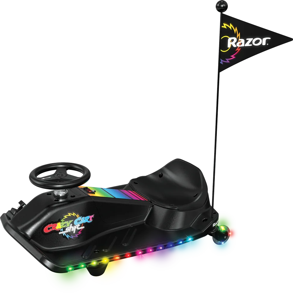 Razor Crazy Cart Shift Lightshow 12V electric drifting kart in black with multi-colour LED chassis lights and Razor flag, for ages 6 and over