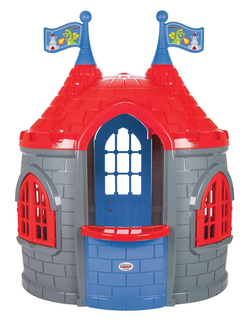Pilsan Dragon Castle Playhouse in grey, red and blue with twin dragon-flag towers, arched blue door and red windows, on a white background