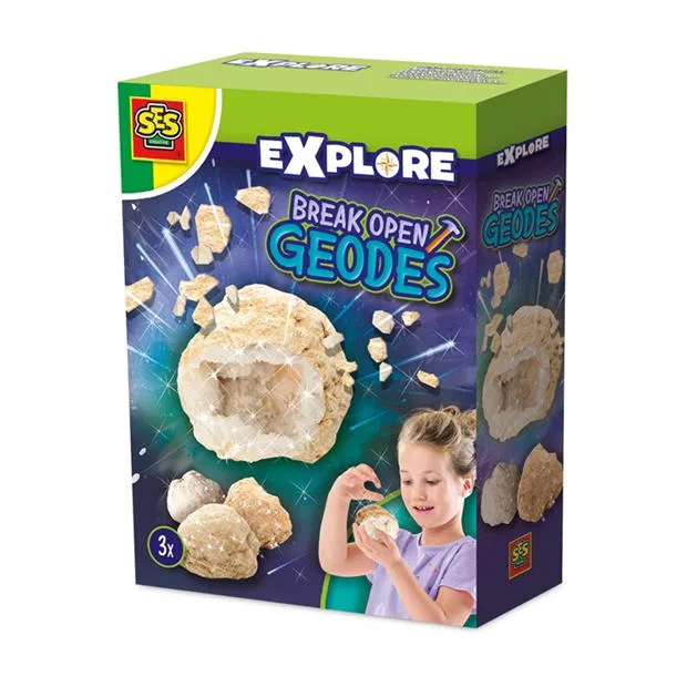 The SES Creative Break Open Geodes science kit, showing the packaging, the geodes, and a child examining the crystals inside a broken stone.