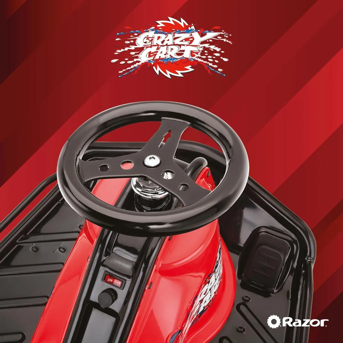 A top-down view of the Razor Crazy Cart's cockpit, showing the steering wheel, on/off switch, and variable-speed foot pedal accelerator.