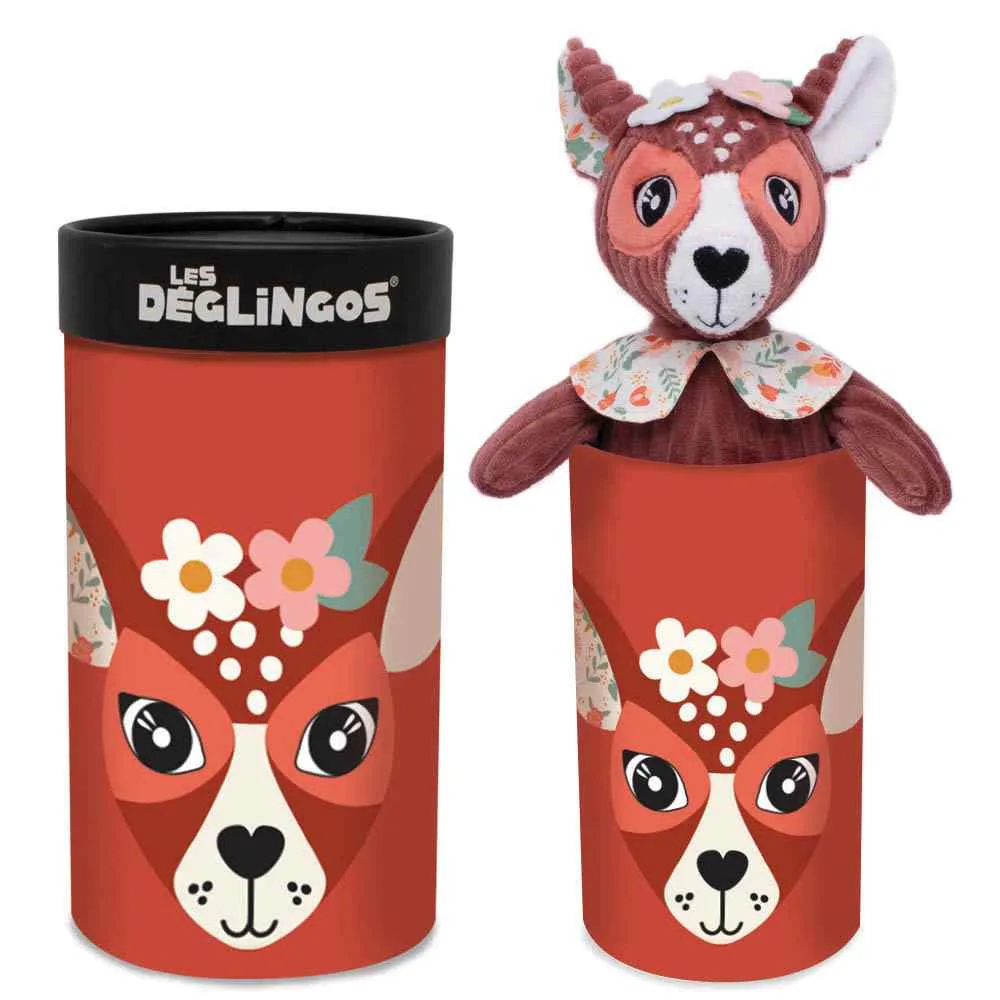 Les Déglingos Melimelos the Deer Small Simply plush toy sitting inside its illustrated red cylindrical gift box with matching artwork