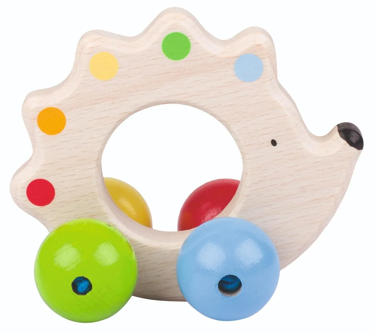 Heimess Wooden Hedgehog Grasping Toy Rattle with colourful rolling beads inside the ring, made from sustainable beech wood in Germany