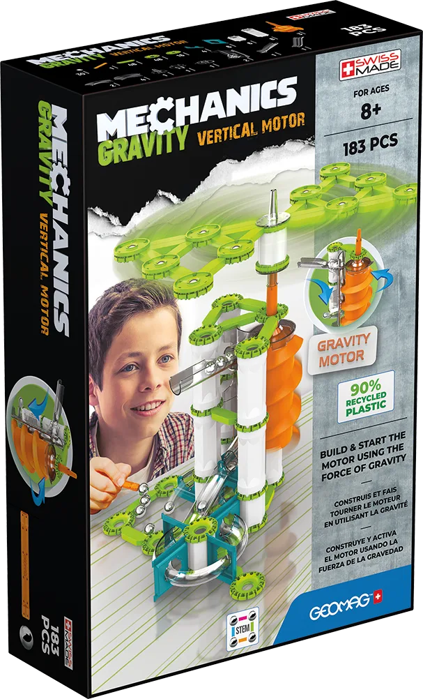 Geomag Mechanics Gravity Vertical Motor 183-piece set box showing a boy building the marble-run style gravity motor construction
