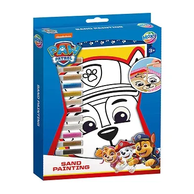 Paw Patrol Sand Painting kit box showing pre-printed picture boards of Chase, Skye and Marshall with coloured sand tubes ready for creative decoration