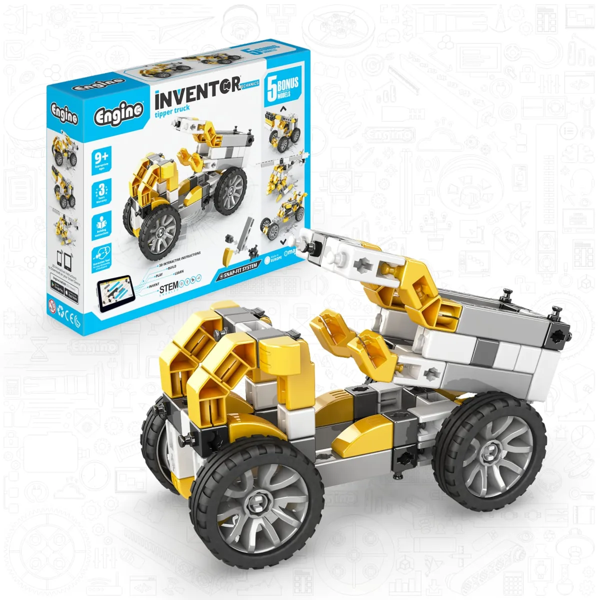 Engino Inventor Mechanics Tipper Truck building set IN21 showing assembled tipper truck model in yellow and grey alongside the product box