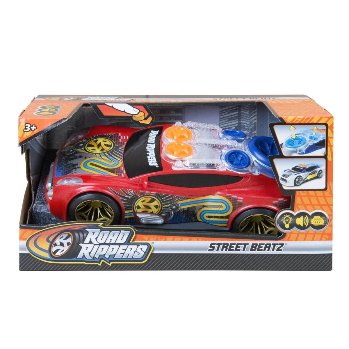 Road Rippers Street Beatz Red Hot toy car in packaging, showing pulsating speaker lights and motorised drive features for ages 3 and up