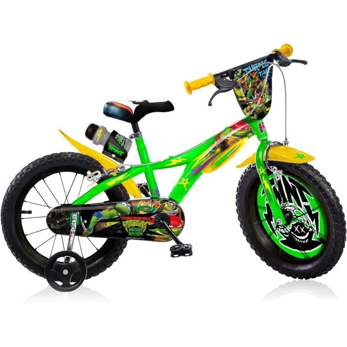 Dino Bikes Teenage Mutant Ninja Turtles 16 inch green kids bicycle with TMNT graphics, stabilisers, front shield, and water bottle holder