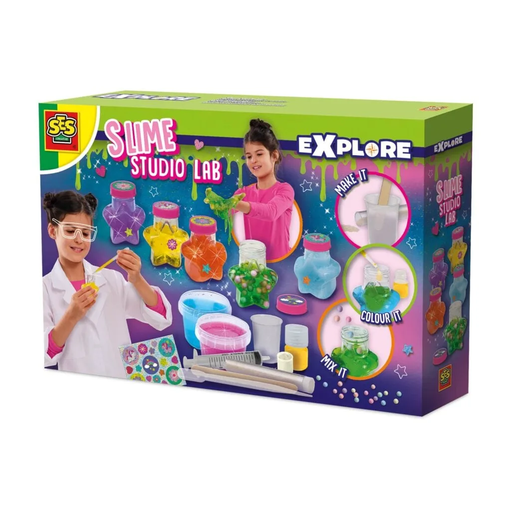 Girls playing with the SES Creative Explore Slime Studio Lab, with various pots of colourful, glittery slime in star-shaped containers.