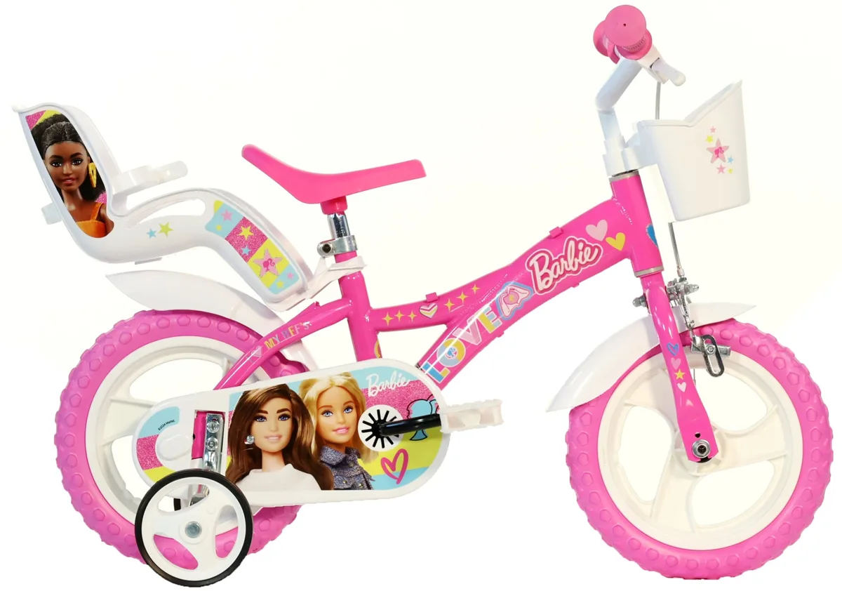 Dino Bikes Barbie 12 inch kids bicycle in pink and white with stabilisers, front basket, and rear doll carrier seat, ages 3-5 years