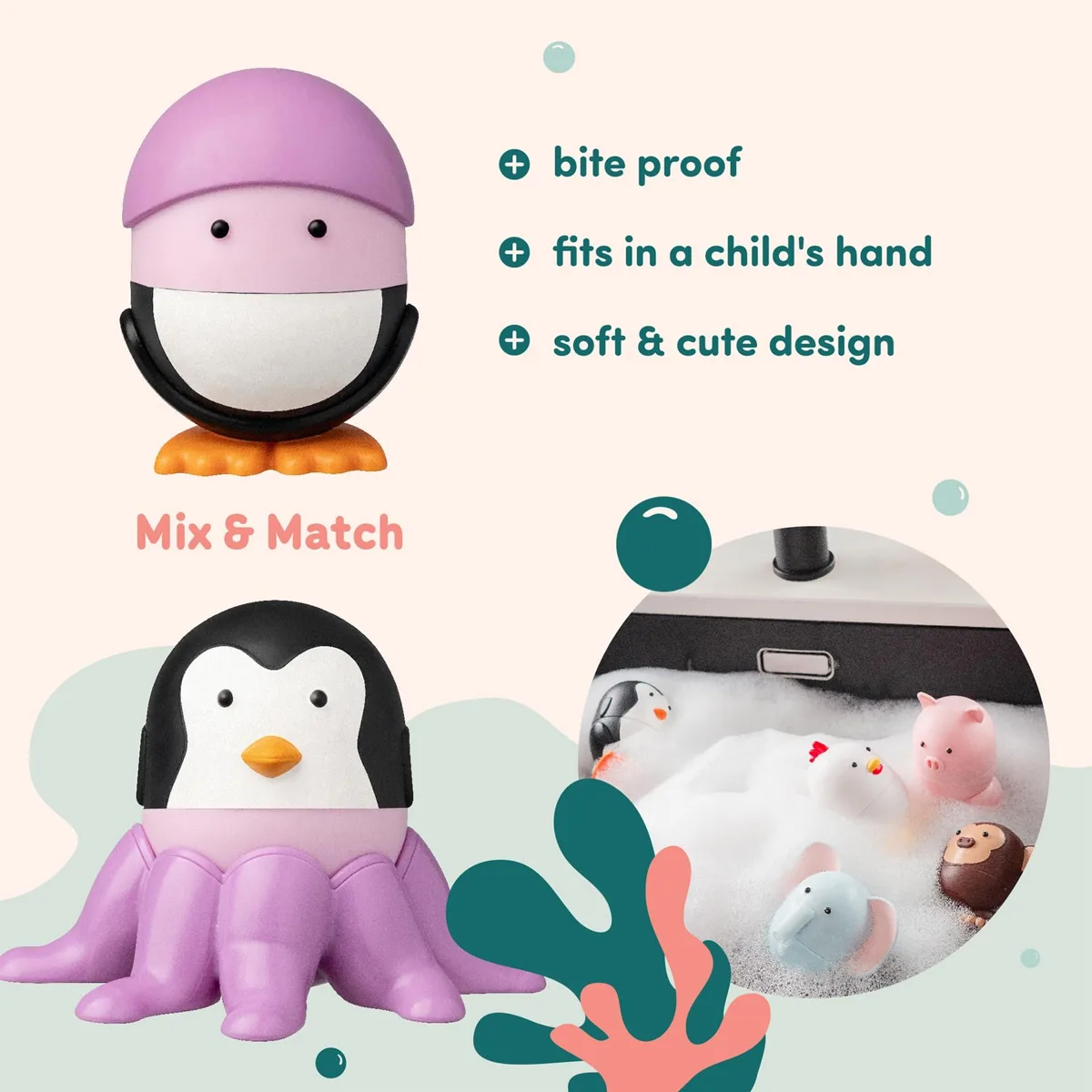 Magimals mix and match detail showing the octopus head swapped onto the penguin body, bite proof and sized to fit a child's hand