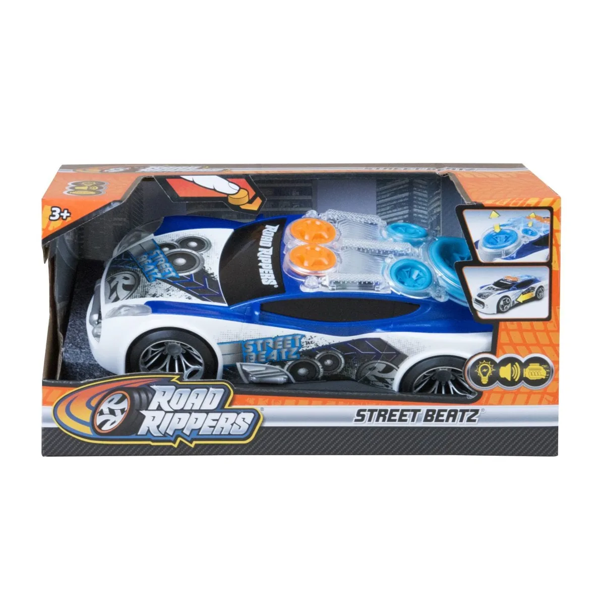 Nikko Road Rippers Street Beatz Blizzard White toy car in box, showing blue and white bodywork with pulsating speaker lights, ages 3+