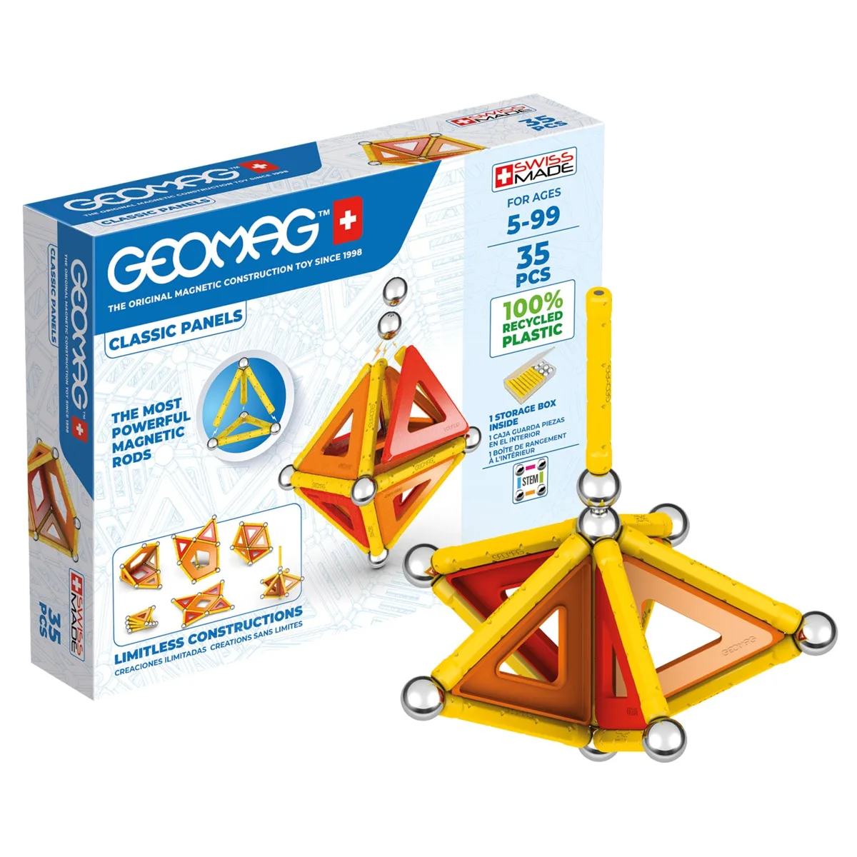 Geomag Classic Panels Recycled 35 Pieces Set box with built pyramid structure in orange and yellow magnetic rods and panels